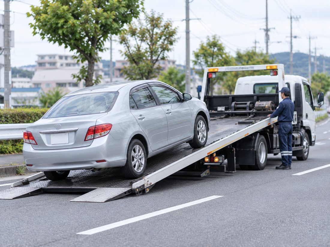 故障車を積載車に引き上げるロードサービスの作業