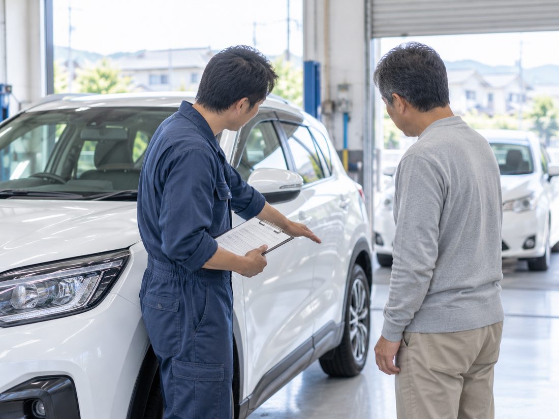 修理内容を説明しながら車を引き渡すスタッフ
