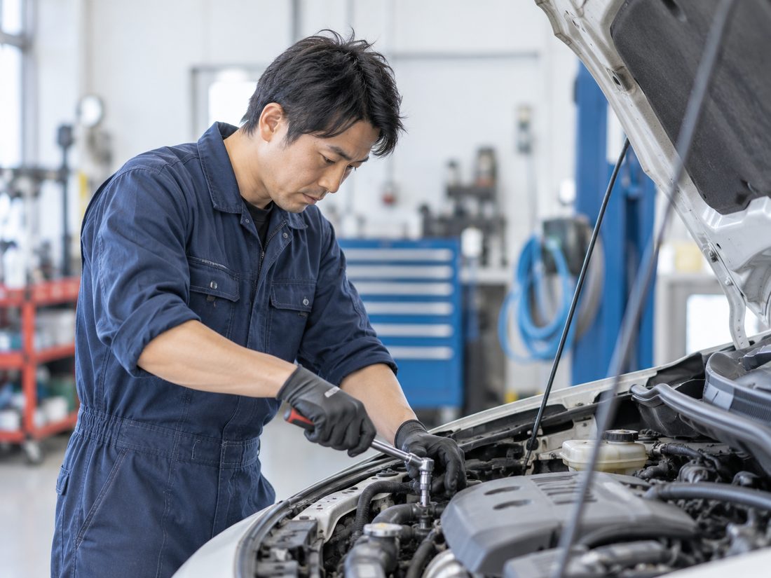 エンジンルームを点検する整備士